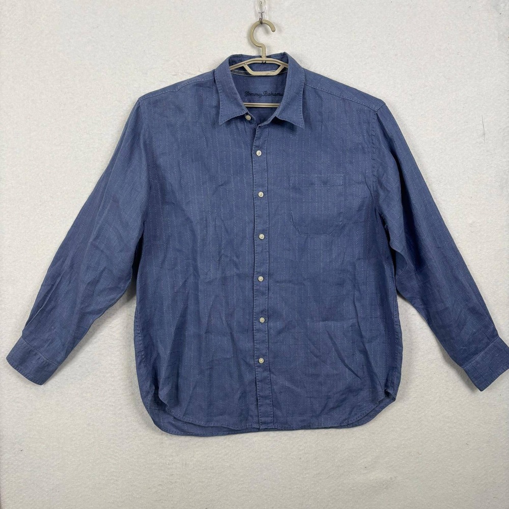 Tommy Bahama Button Up Shirt XL Blue 100% Linen Long Sleeve Grid Pattern Relaxed